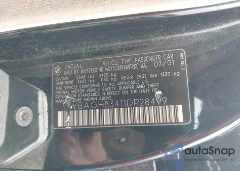 2001 BMW 740Il из США, поврежденный, VIN WBAGH83411DP28499